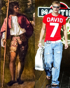 La Tempesta di Giorgione (dettaglio); jeans modello Beckham di Dolce & Gabbana.